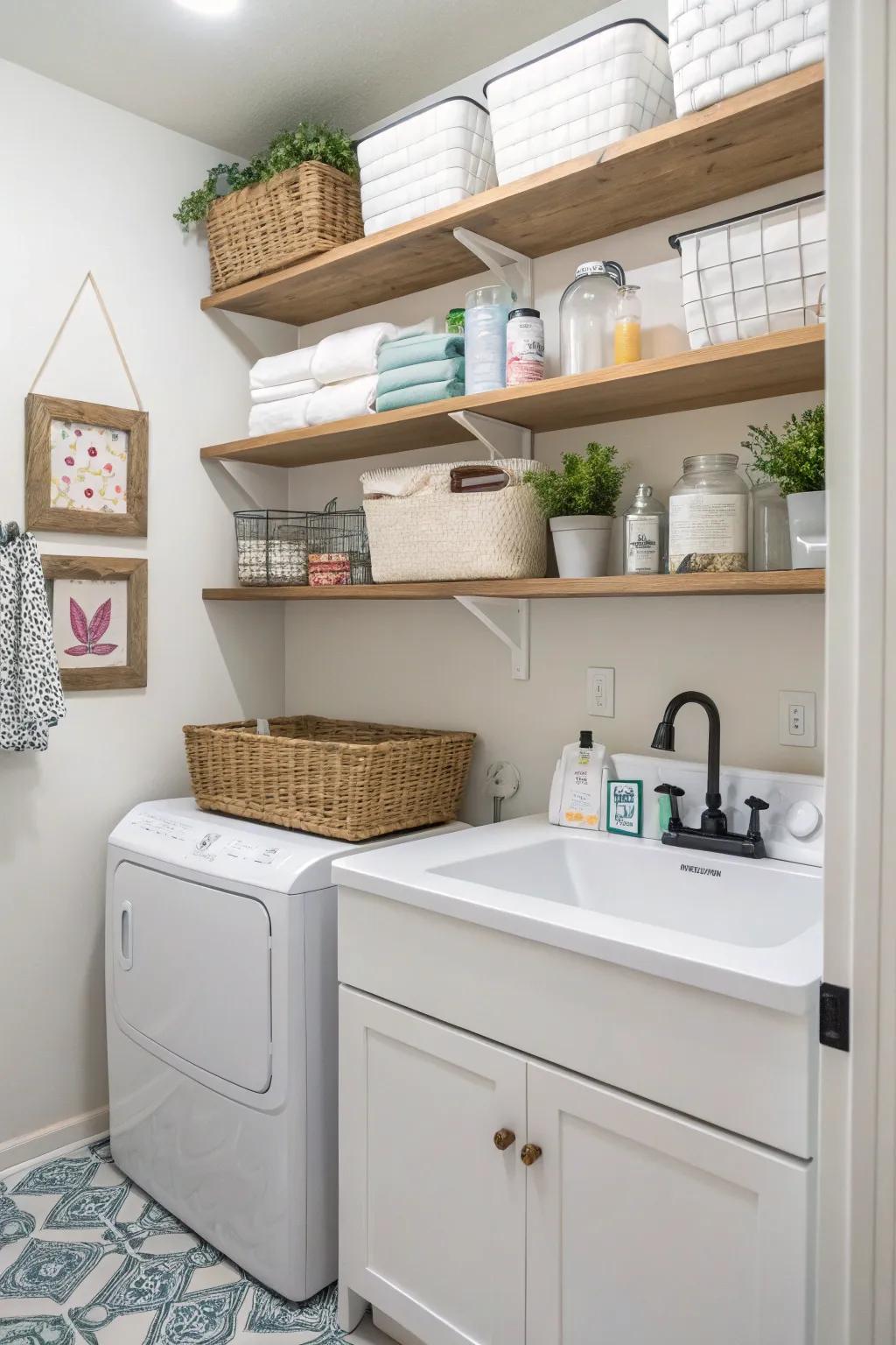 Smart use of vertical space with chic floating shelves.