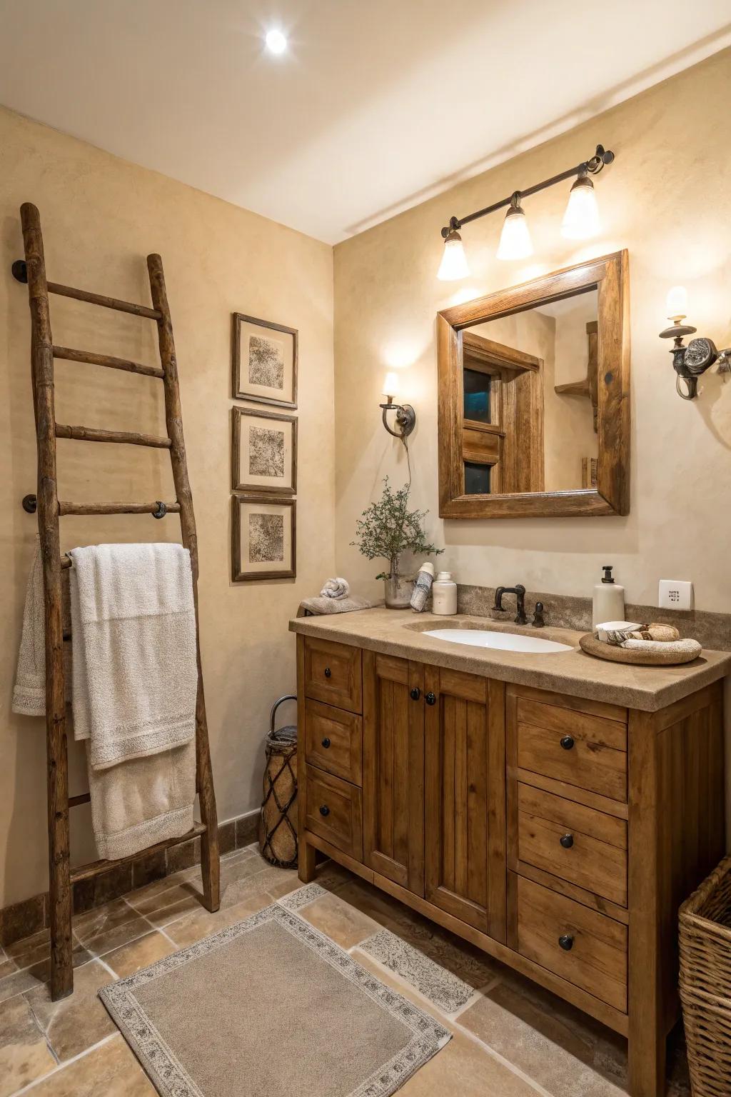 Neutral tones create a serene atmosphere in a rustic bathroom.
