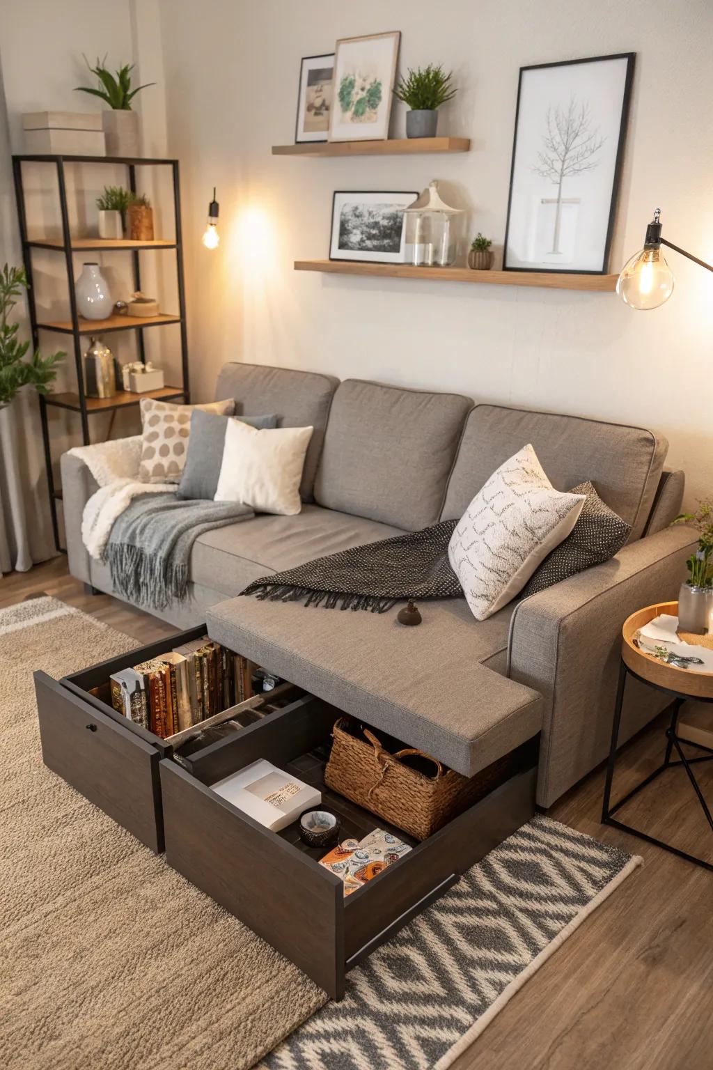Furniture with multiple uses saves space.