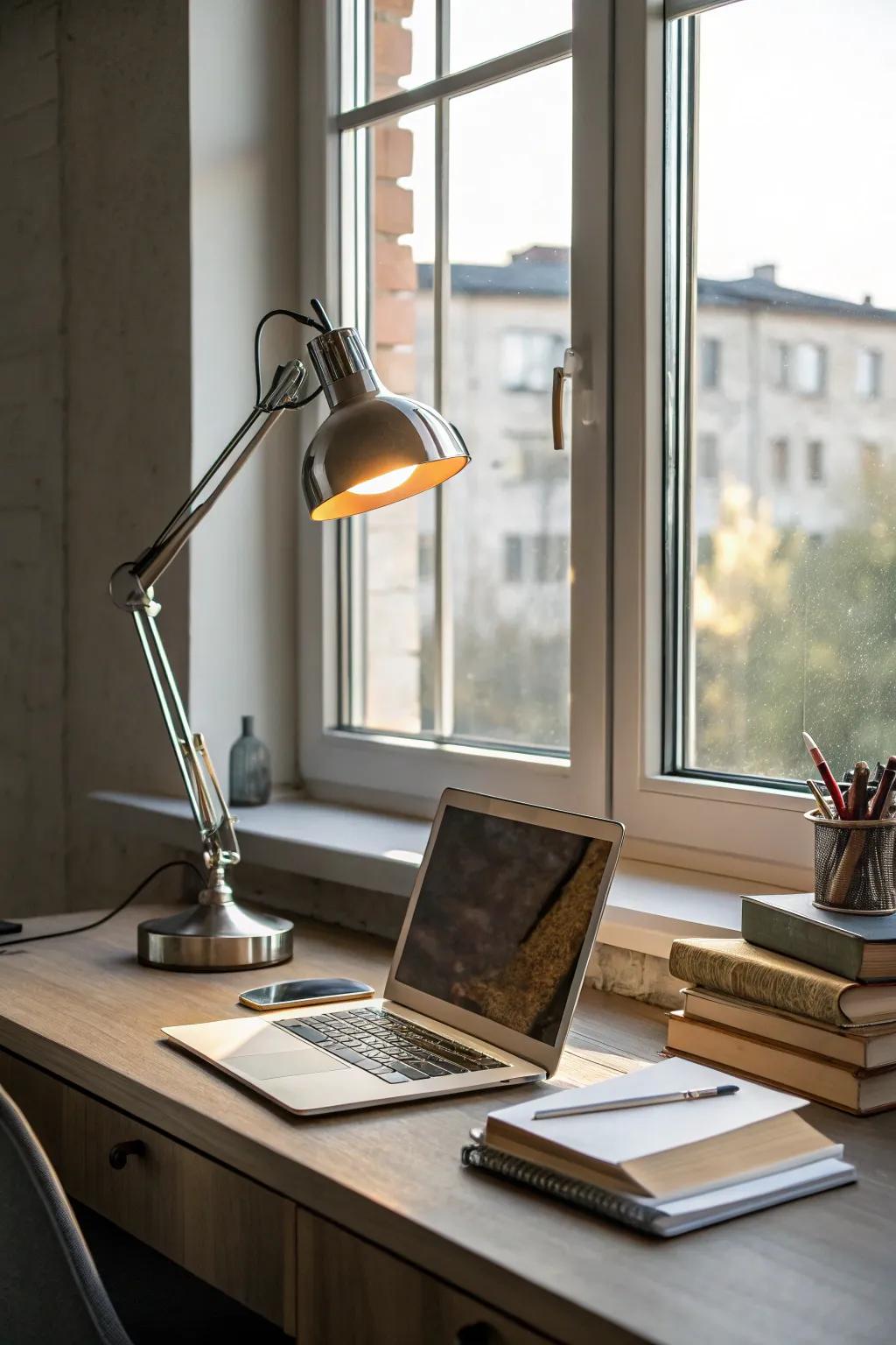 A blend of natural and artificial light sources amplifies the charm of a compact workspace.