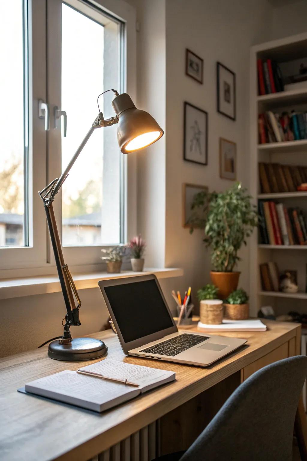 A compact home office well-lit by a desk lamp and the sun.