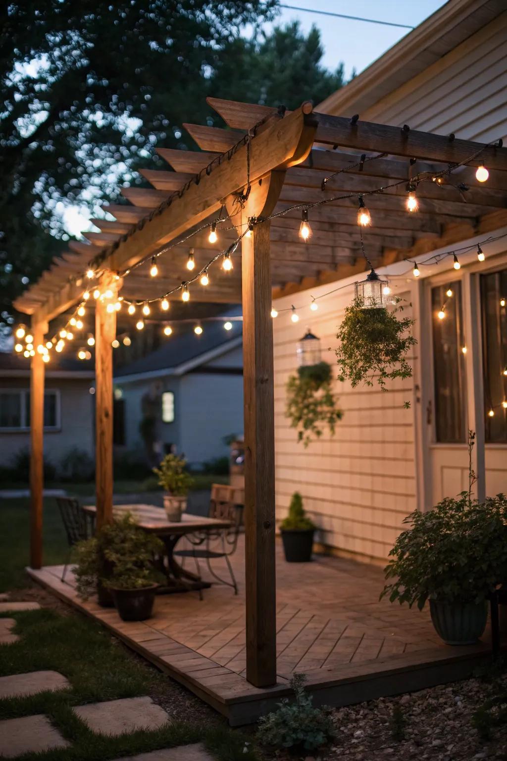 Twinkle lights contribute a cozy, welcoming radiance to a modest patio canopy.