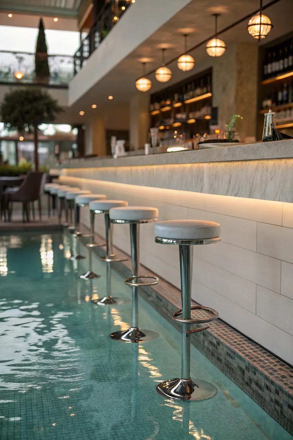 Submerged seating delivers a luxurious pool experience without leaving the water.