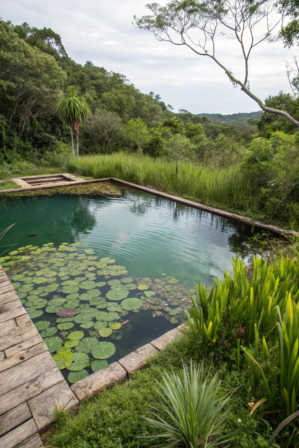 A tranquil natural pool kept pristine by a floating wetland mechanism.