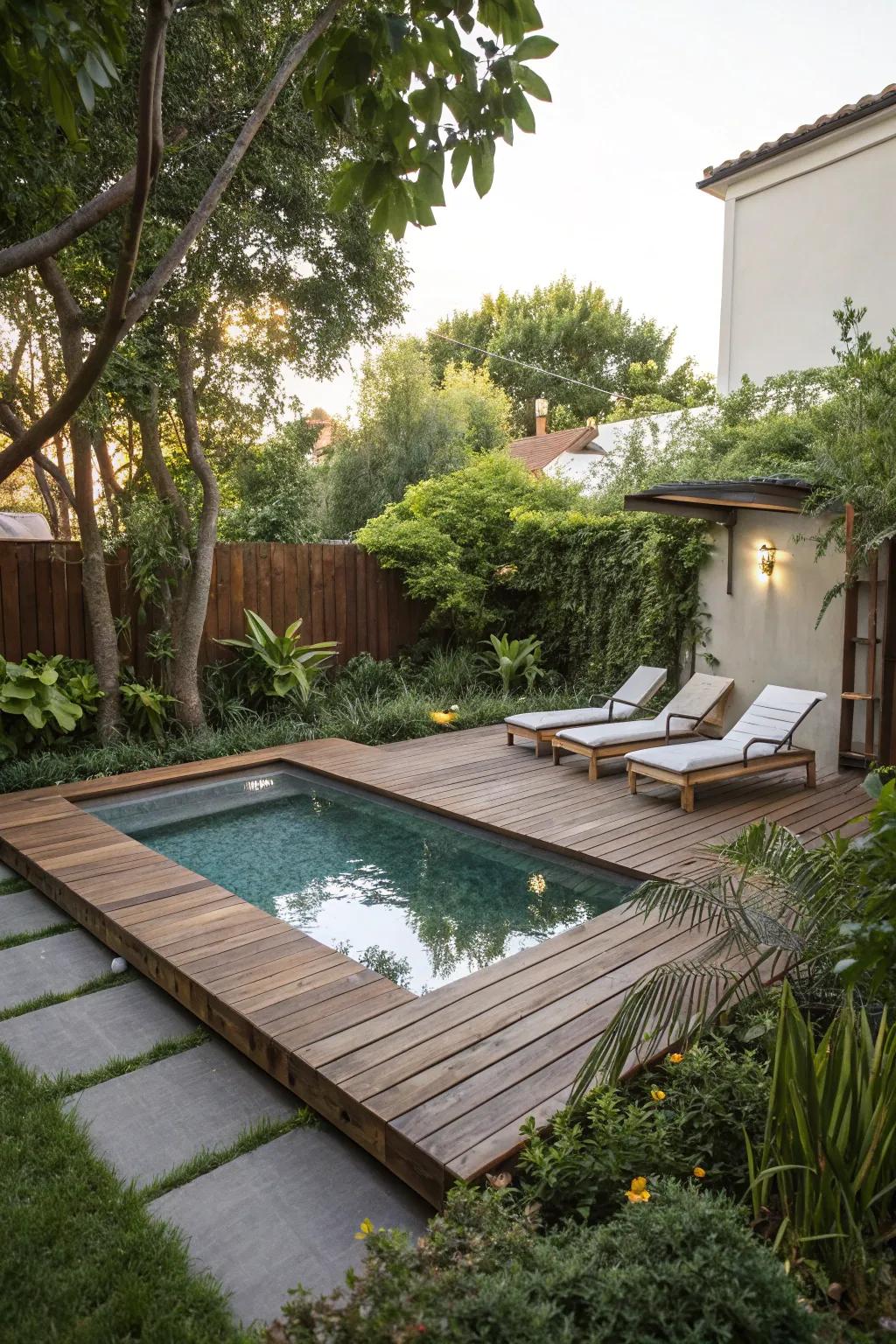 A wooden deck integrates perfectly with the pool, enriching the outdoor living area.