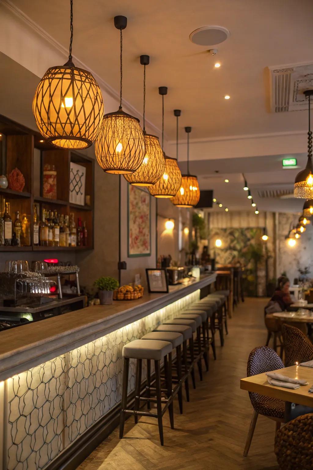 Warm pendant lights create a mesmerizing and inviting atmosphere within a cozy restaurant bar.