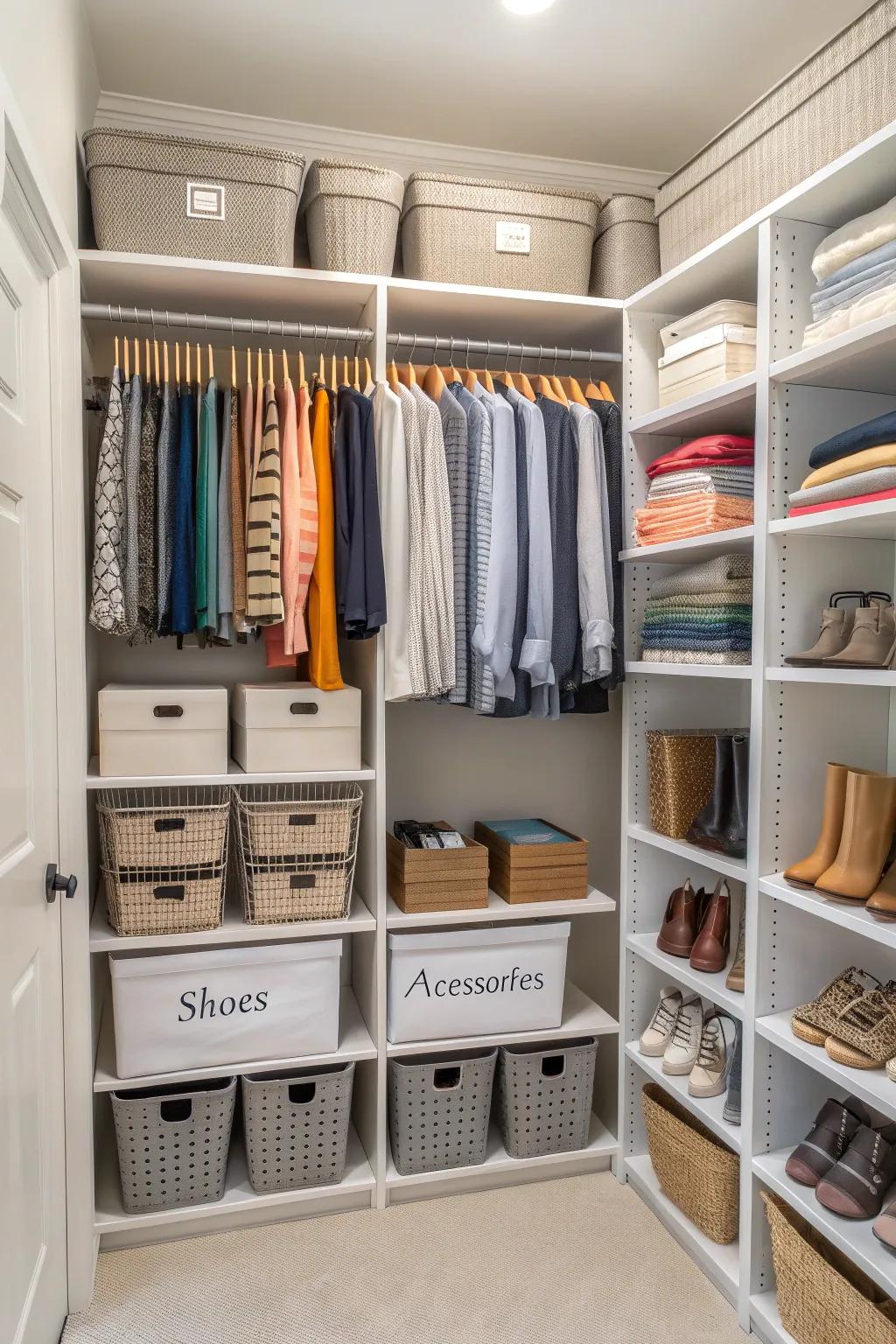 An efficiently configured wardrobe featuring shelves and receptacles.