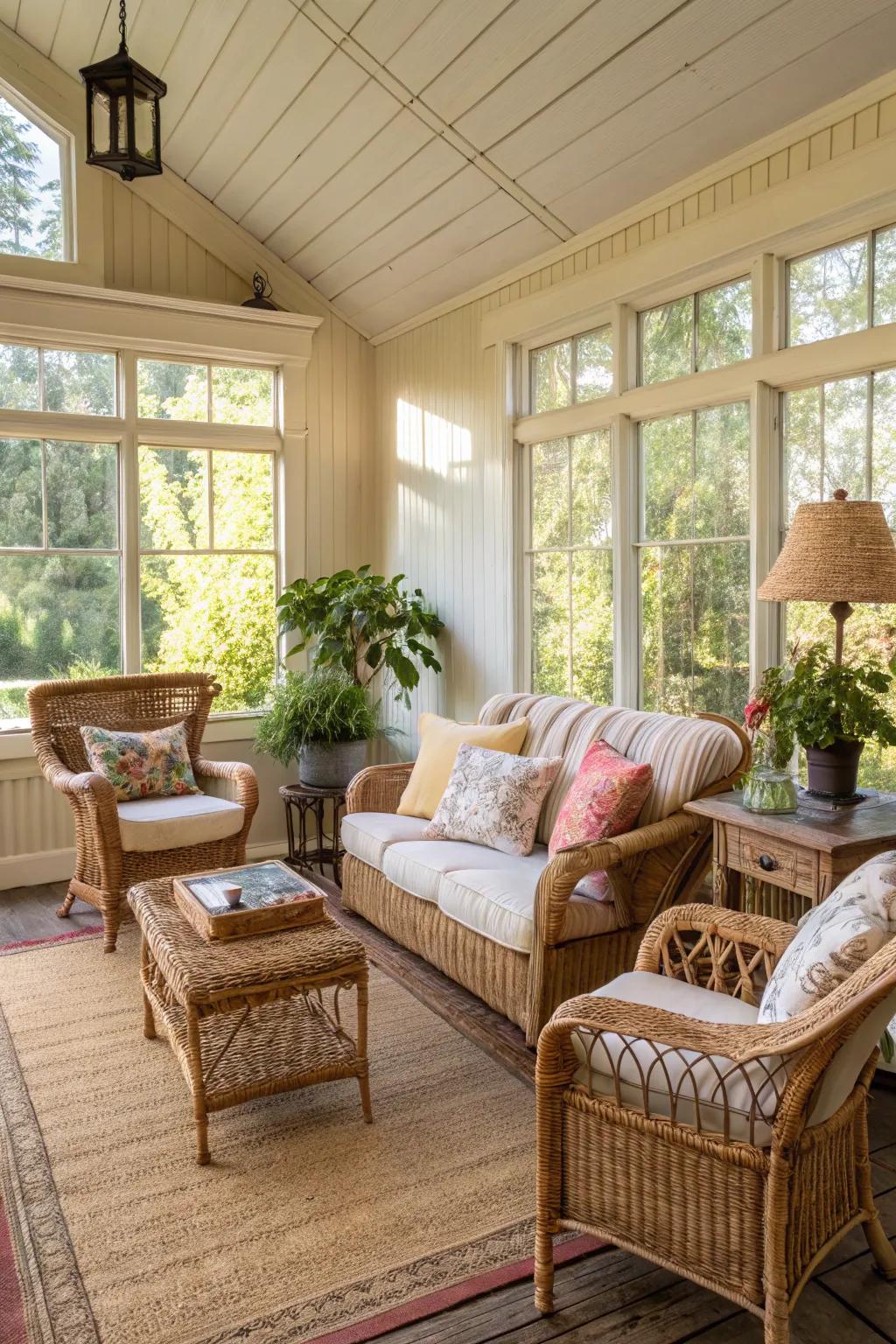 Plaited furniture adds a hint of country-style comfort to this sunroom.