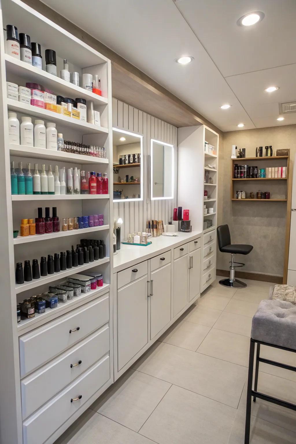 Vertical storage innovations uphold a spacious and orderly salon setting.