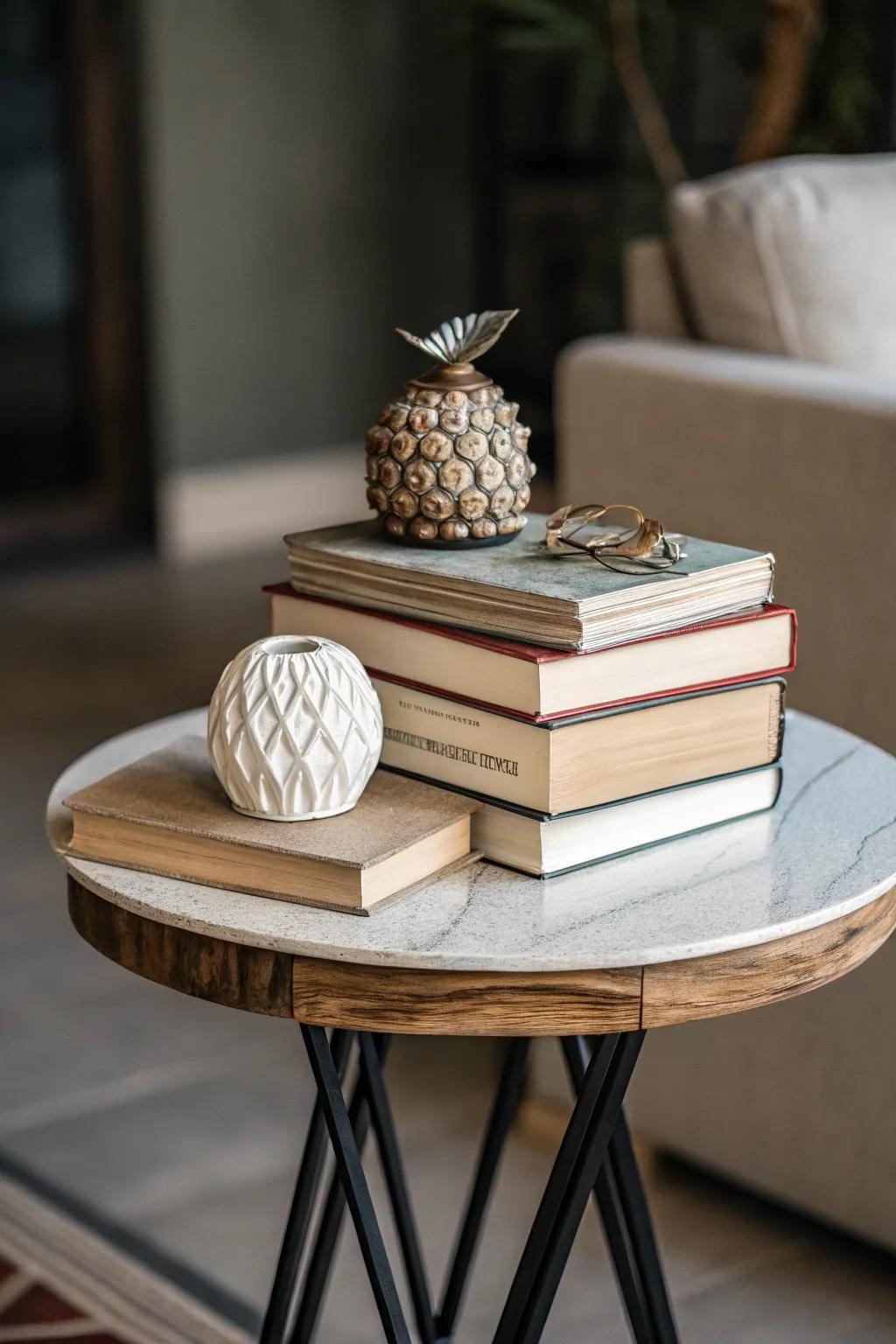 Arranged books on a table inject spirit and elevation.