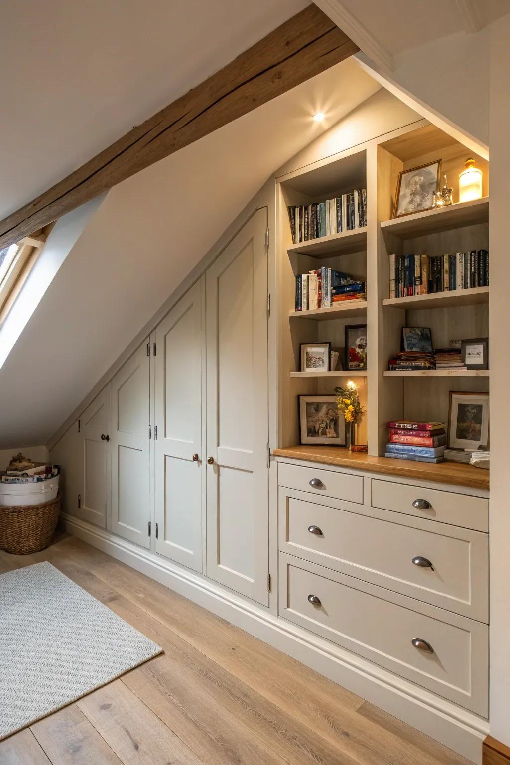 Well-placed built-in storage can turn awkward nooks into efficient storage spots.