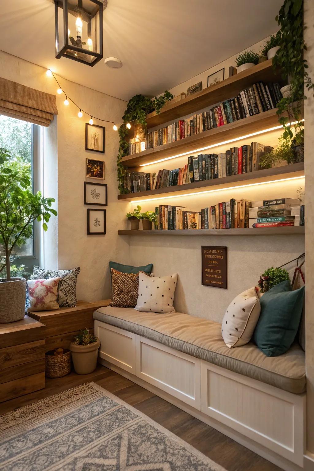 Floating shelves in a snug spot, ideal for showing off books and decor.