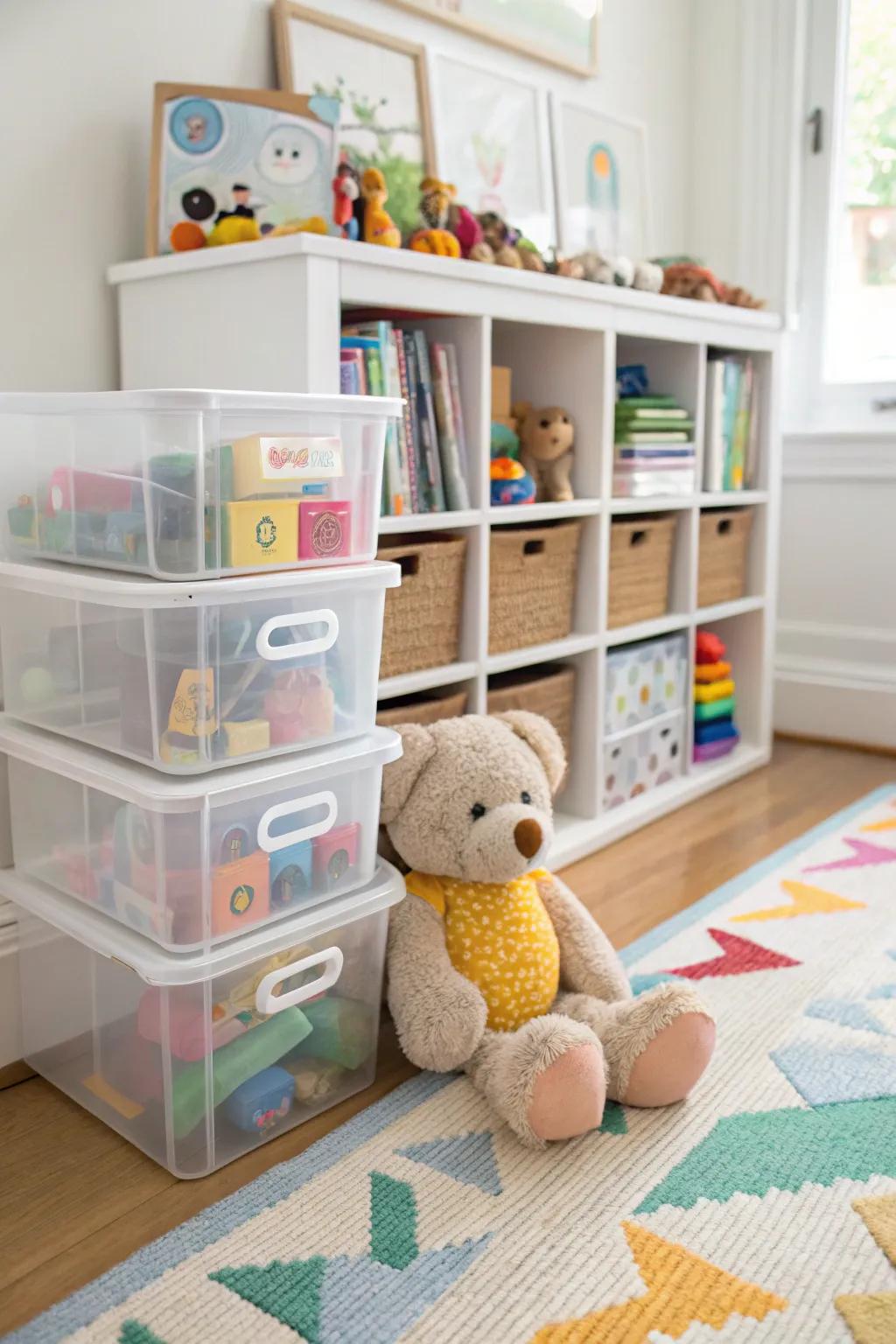 See-through bins arranged to showcase visible and organized toy storage.