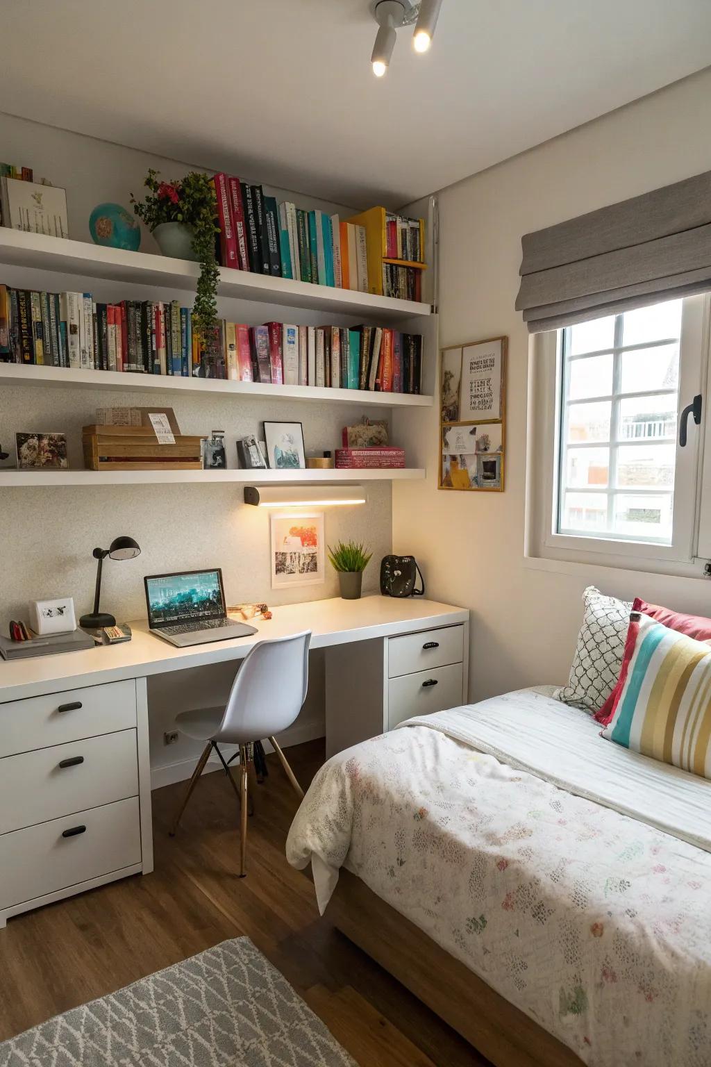 Floating shelves provide stylish storage solutions without taking up floor space.