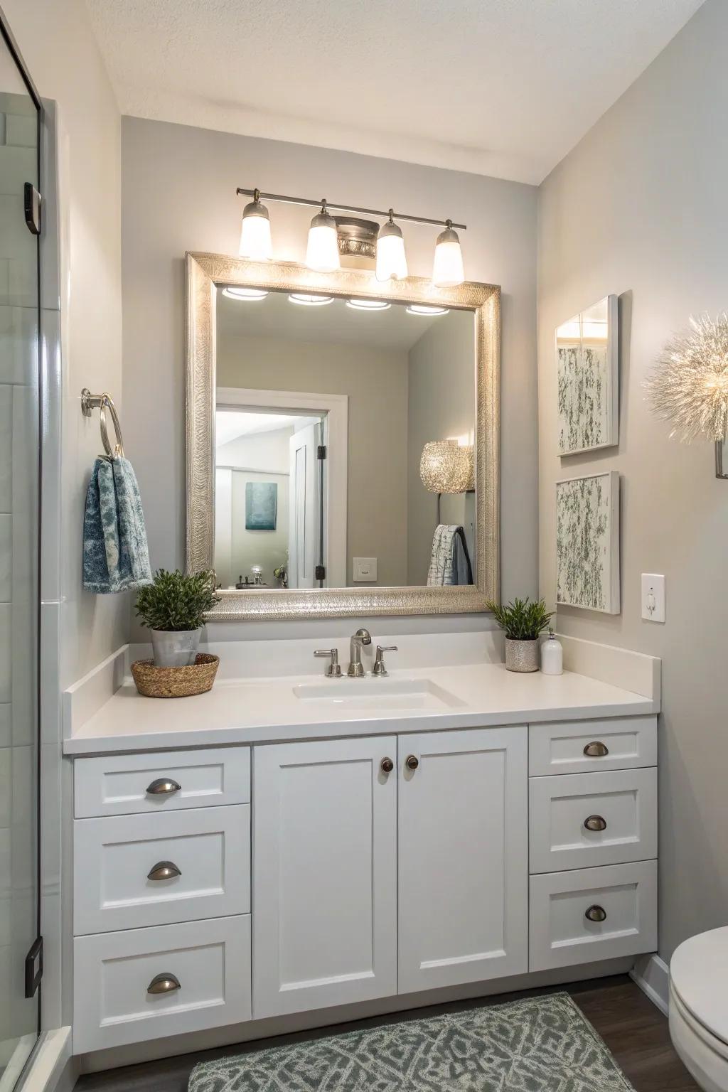 Large looking glasses enhance light and space in small bathrooms.