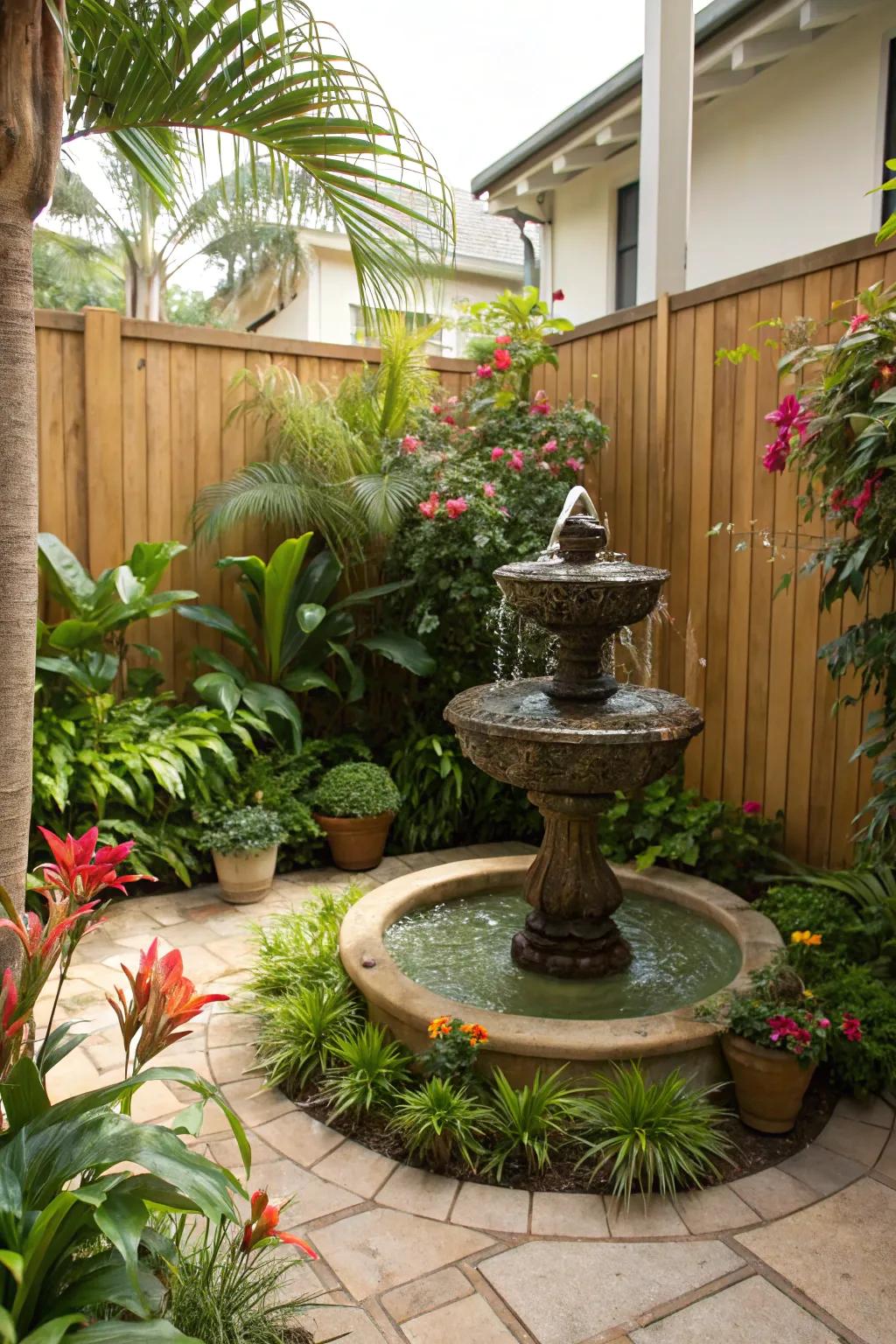 A serene water element amplifies the tropical vibe of a small garden.