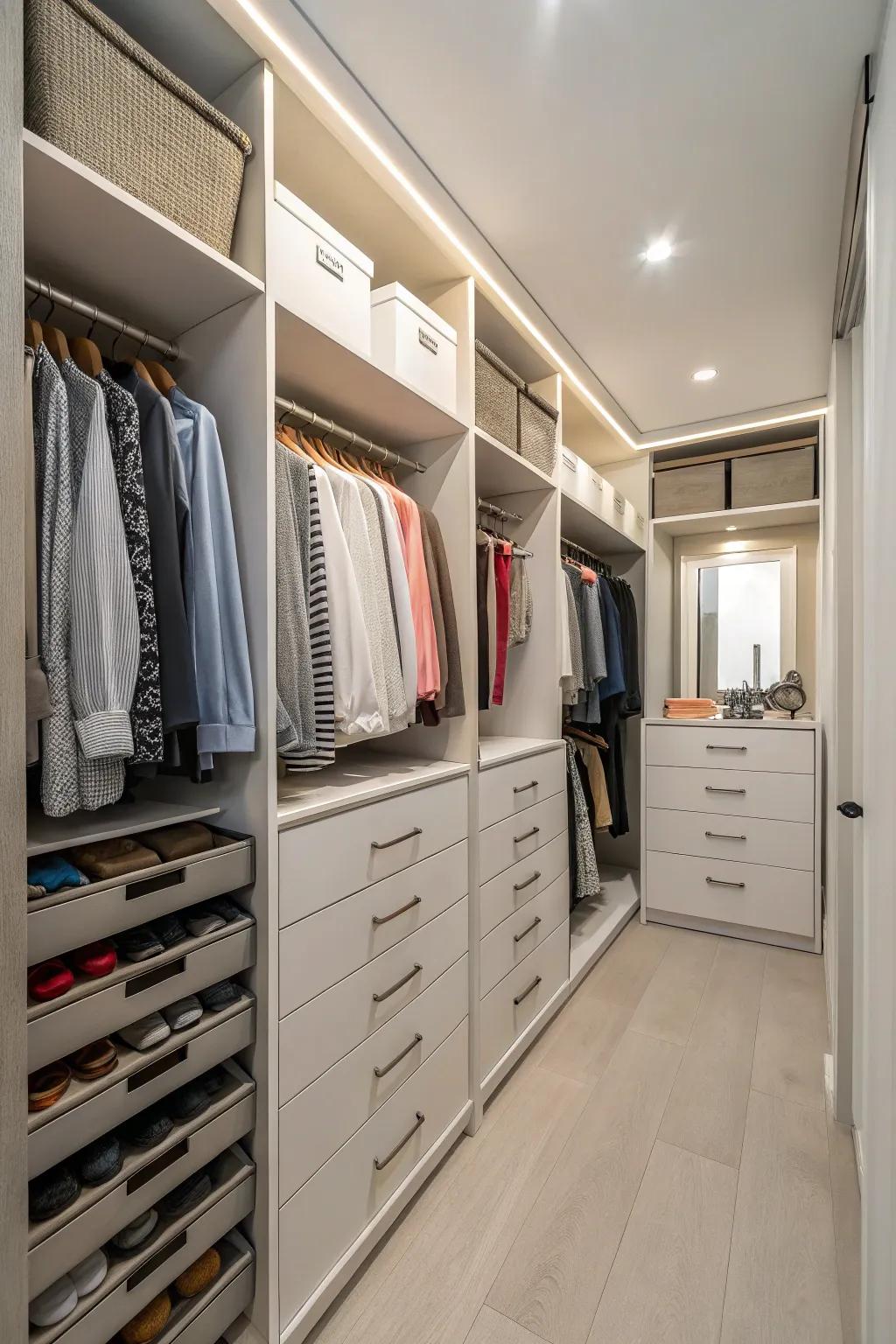 Drawers supply concealed storage for a more uncluttered presentation.