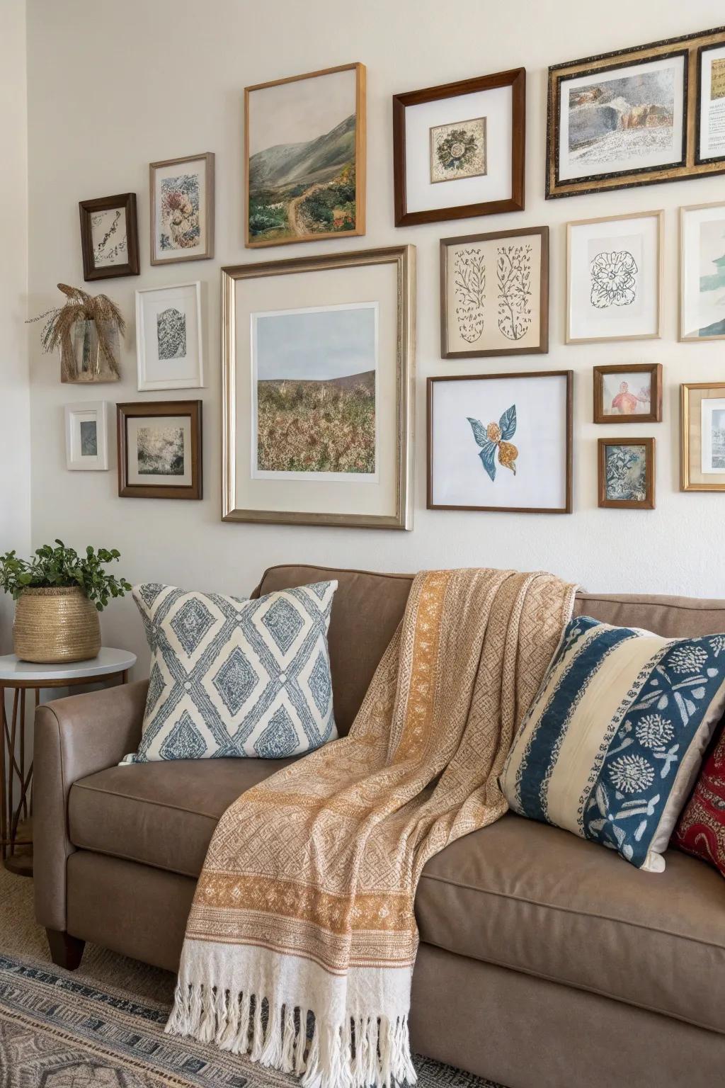 A cozy living room wall enhanced with layered art pieces.