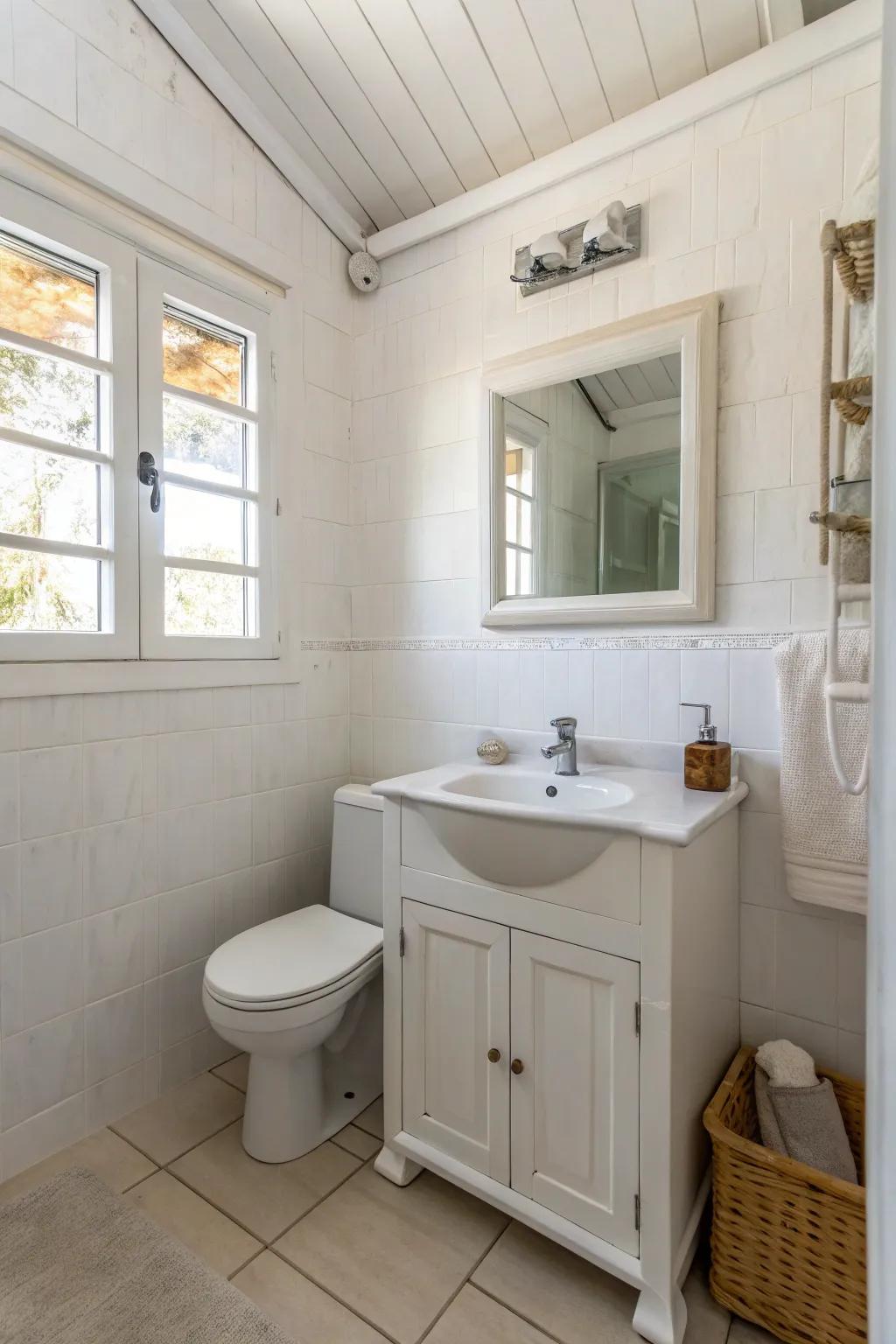 An ivory and pale palette visually amplifies a small bathroom.