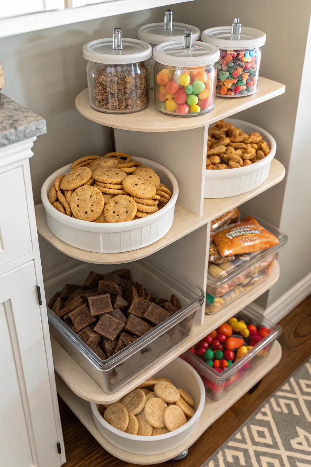 Graded storage maximizes area and keeps snacks organized.
