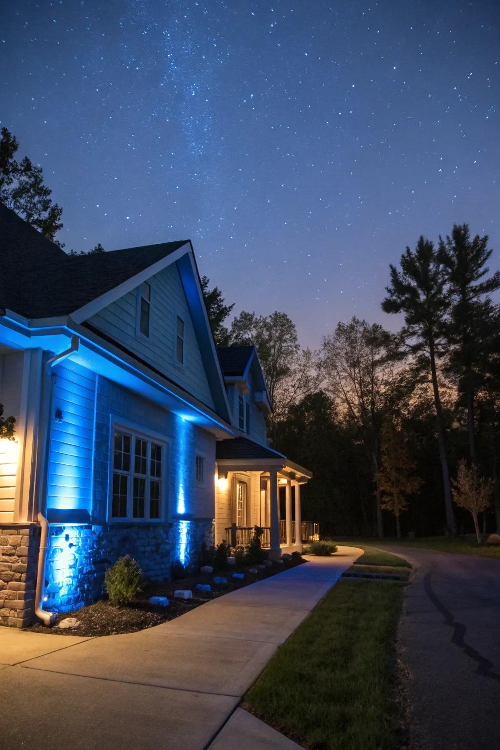 Subtle blue soffit lights add a playful touch to a home's exterior.