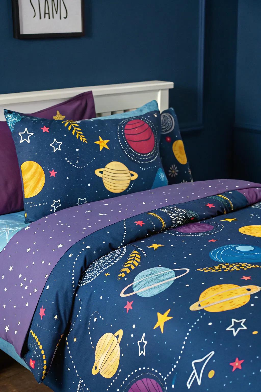 Planetary bedding enlivens the theme with brilliant hues and patterns.