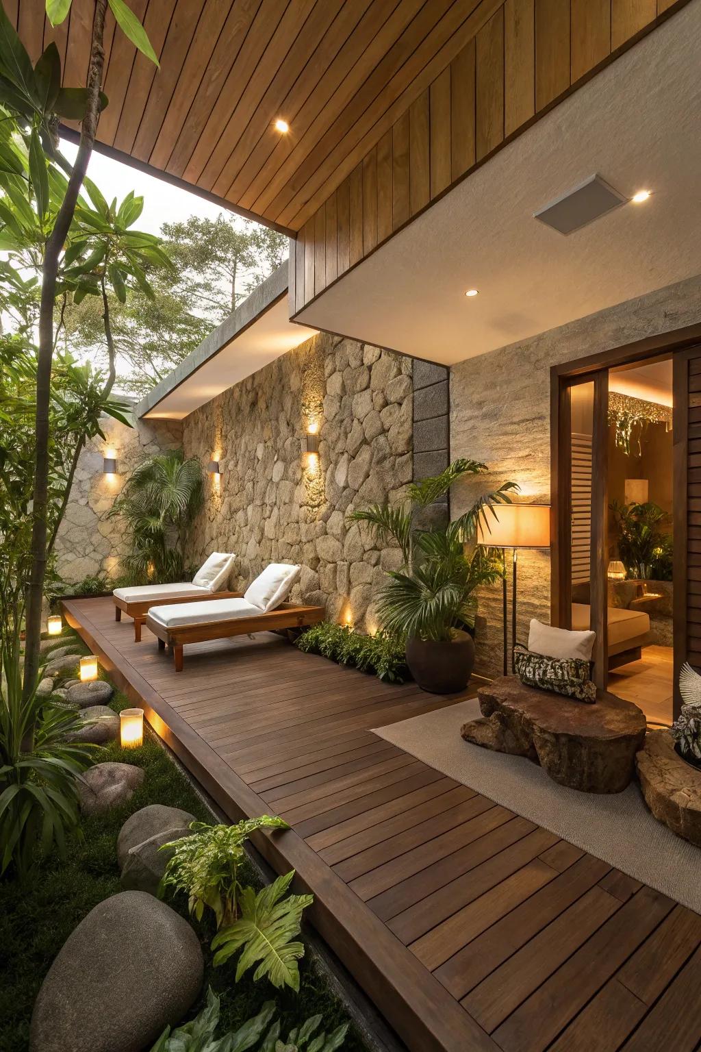 Nature-inspired components fashion a calming atmosphere.