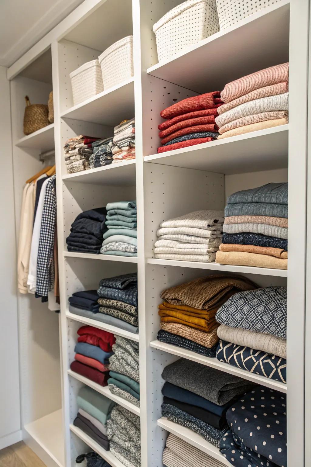 Shelf dividers organize your closet by stopping stacks from mixing and falling.