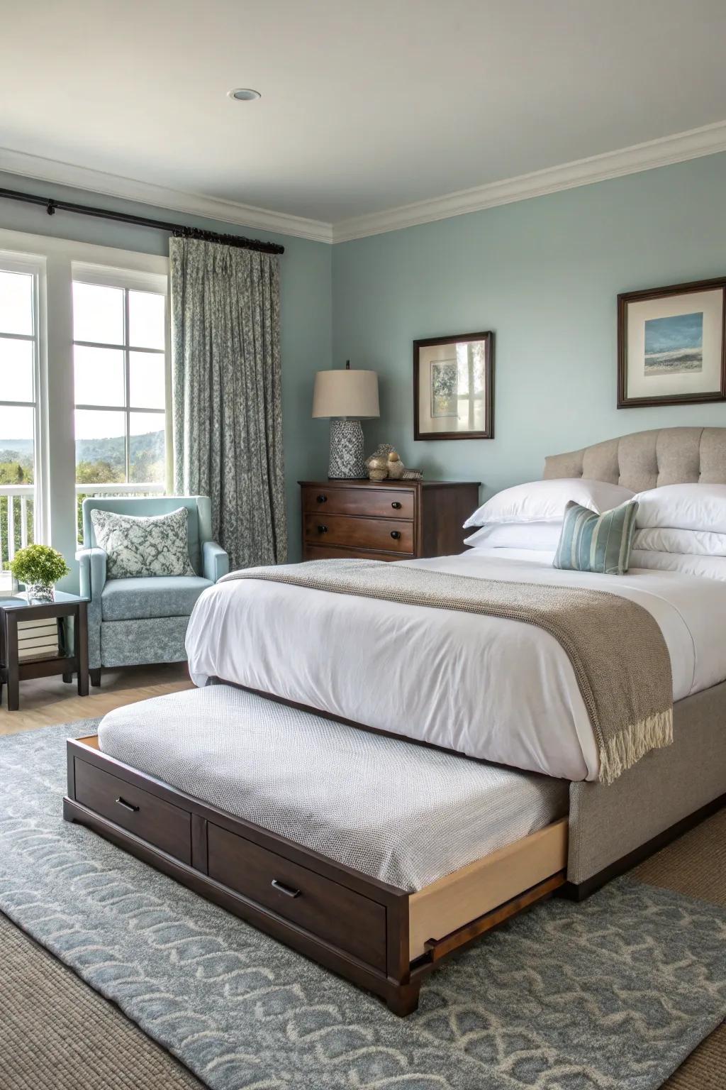 Pull-out bed supplying additional sleep space