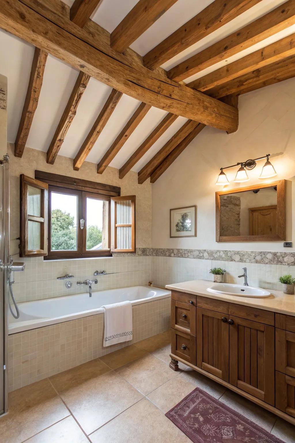 Exposed wooden beams bring a touch of rustic elegance to a Spanish bathroom.