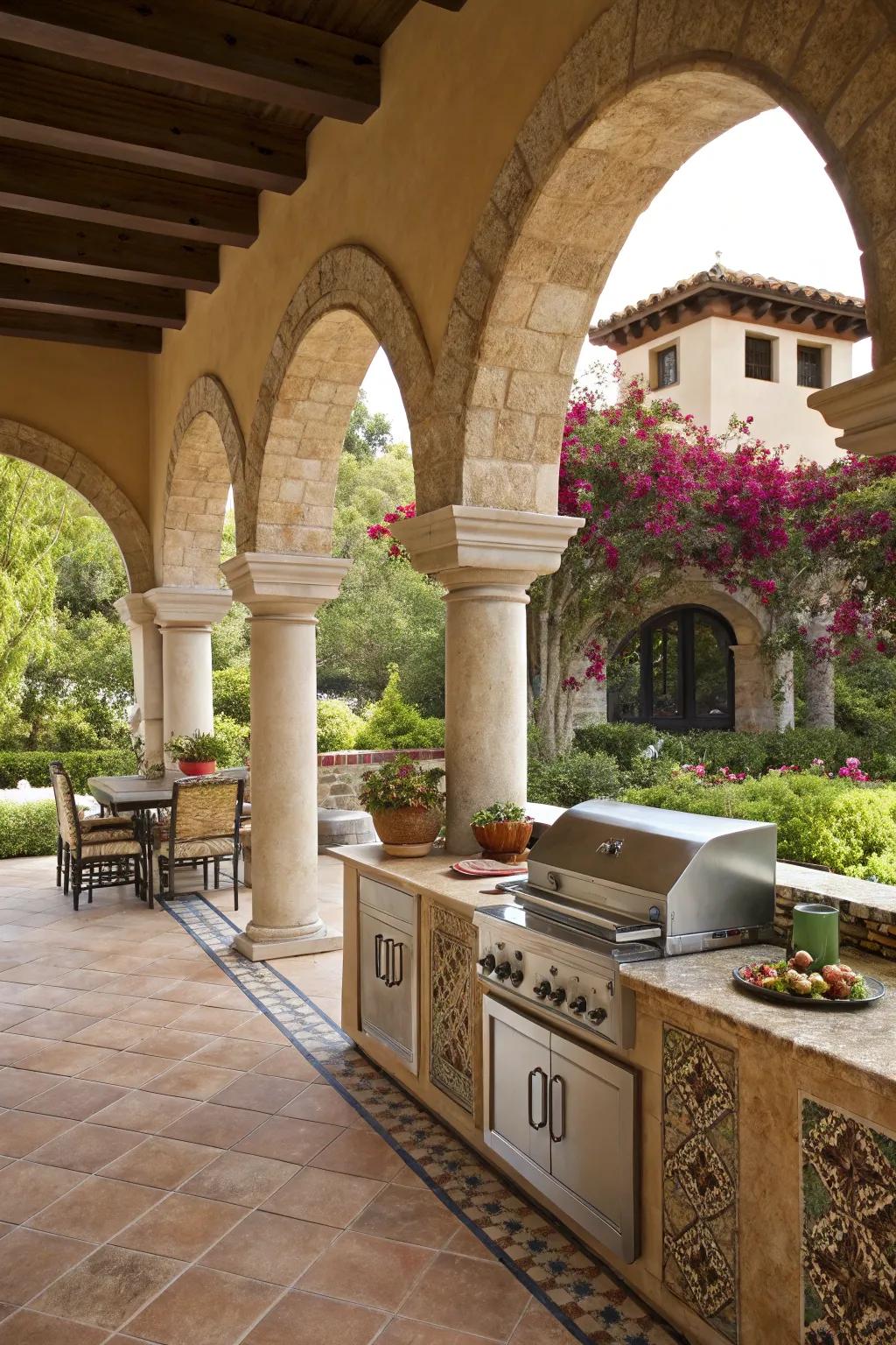 Elegant curves and pillars contribute a classic Spanish charm to this outdoor cooking area.