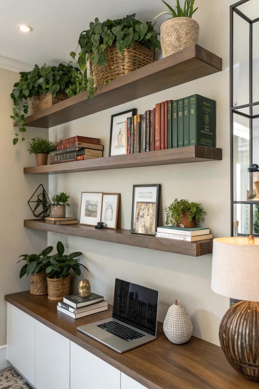 Wall-mounted shelves contribute style and storage without mess.