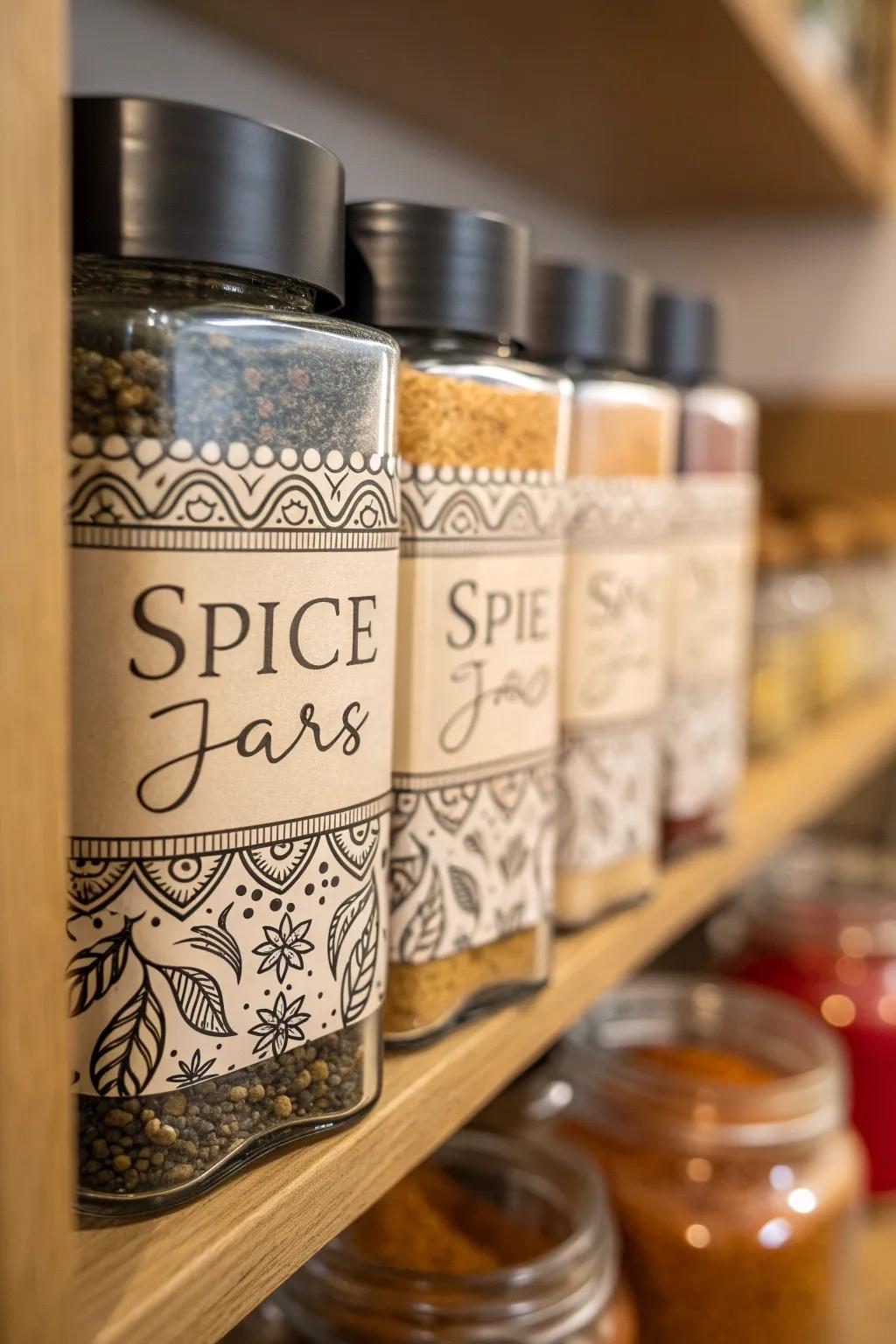 Unique spice vial labels for straightforward recognition.