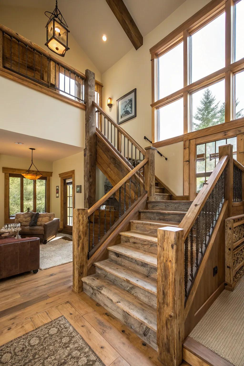 Rustic recycled wood railing enhancing the charm of a split-level dwelling.