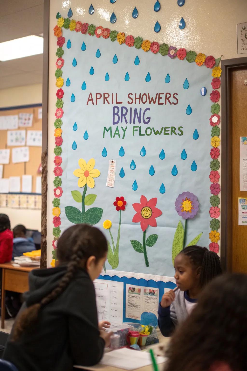 An uplifting notice board filled with raindrops and blossoming flowers symbolizing renewal and joy.