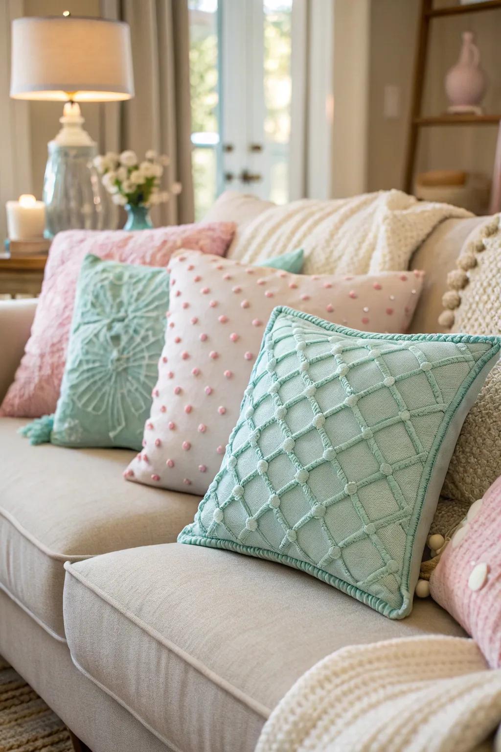 Delicate accent cushions instantly update your dwelling space for spring.