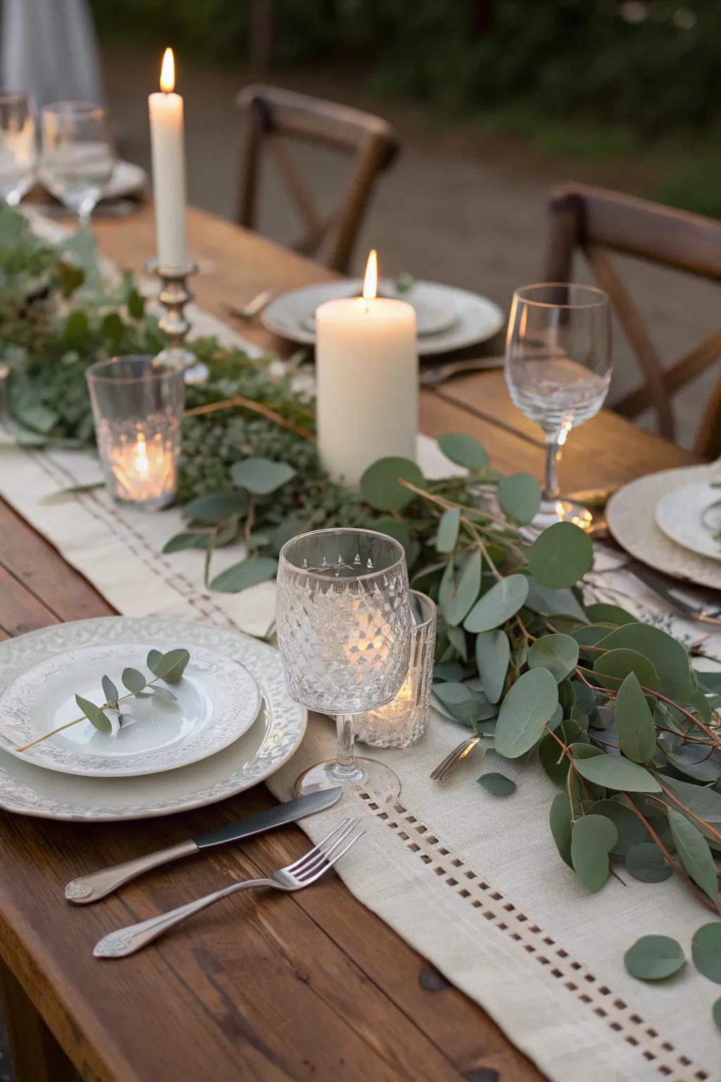 A table adorned with a lush greenery runner.