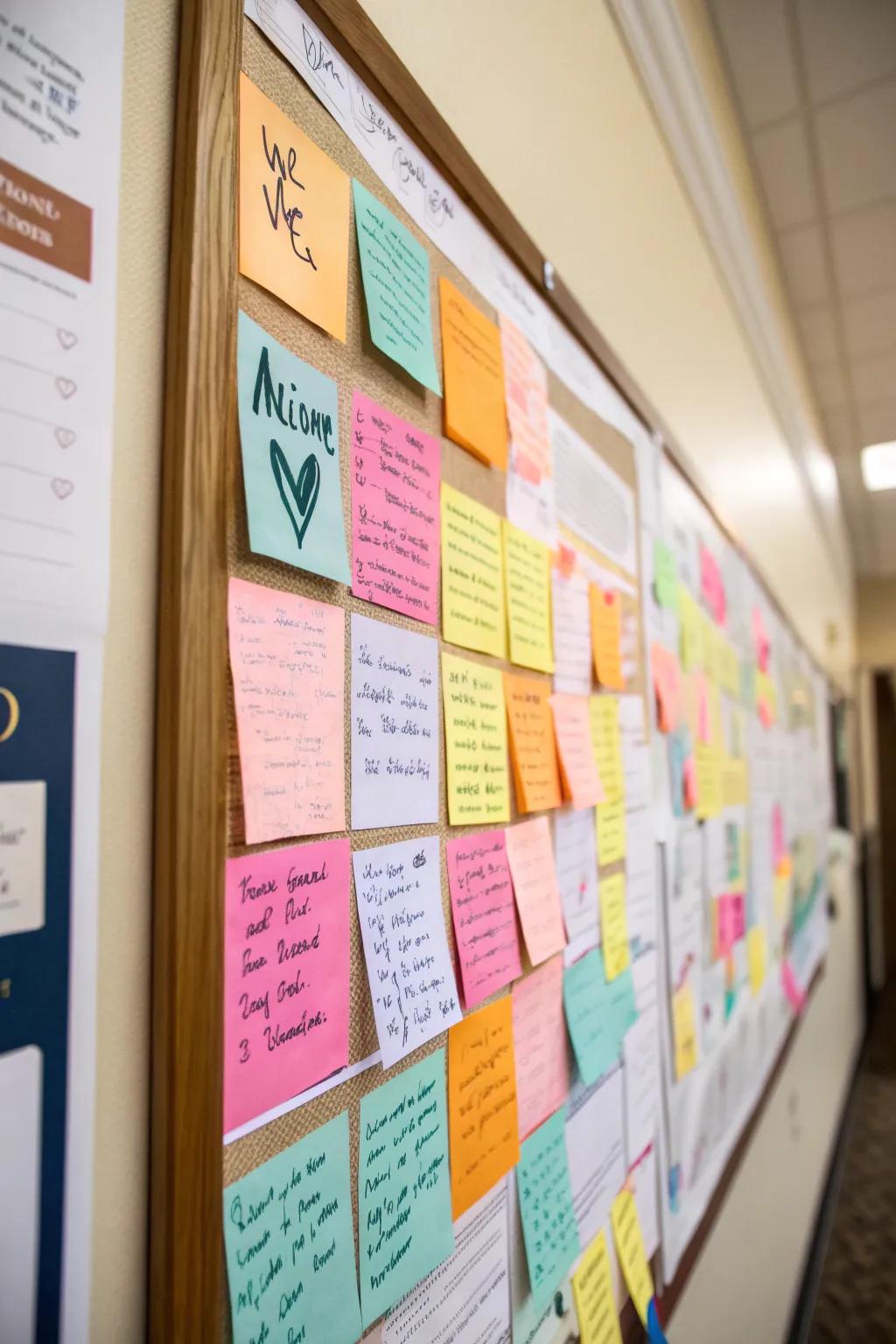 A bulletin board encouraging positivity with handwritten messages.