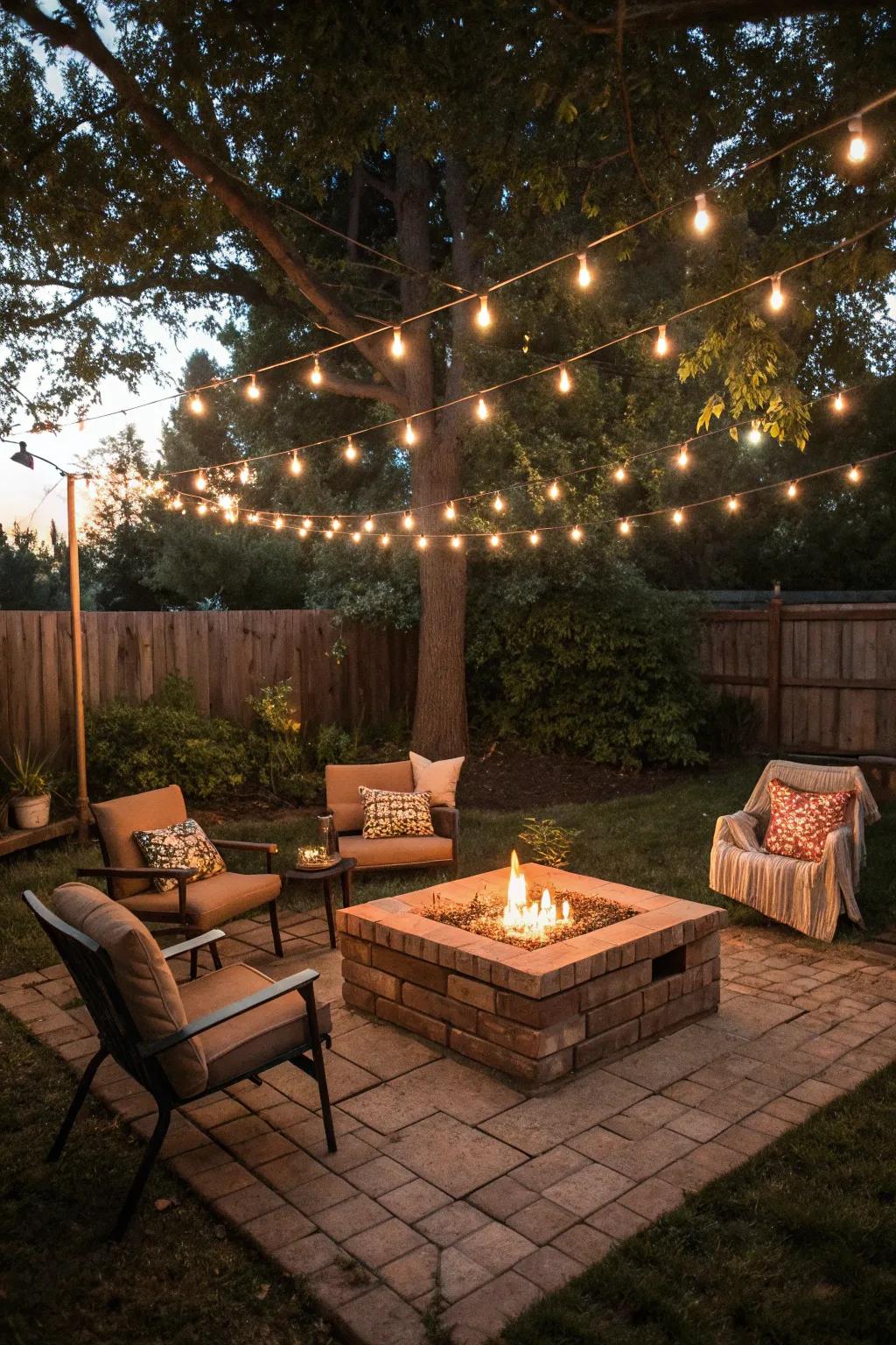 Classic brick contributes timeless allure to this fire pit patio.