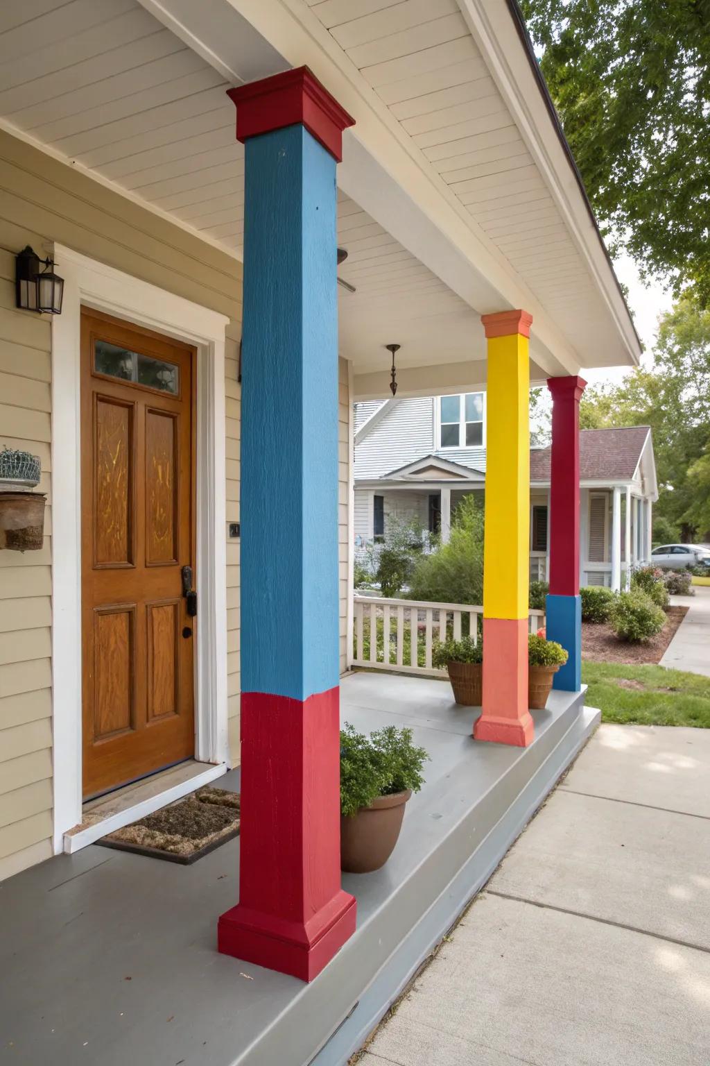 Bold colors on rectangular pillars create a striking visual effect.
