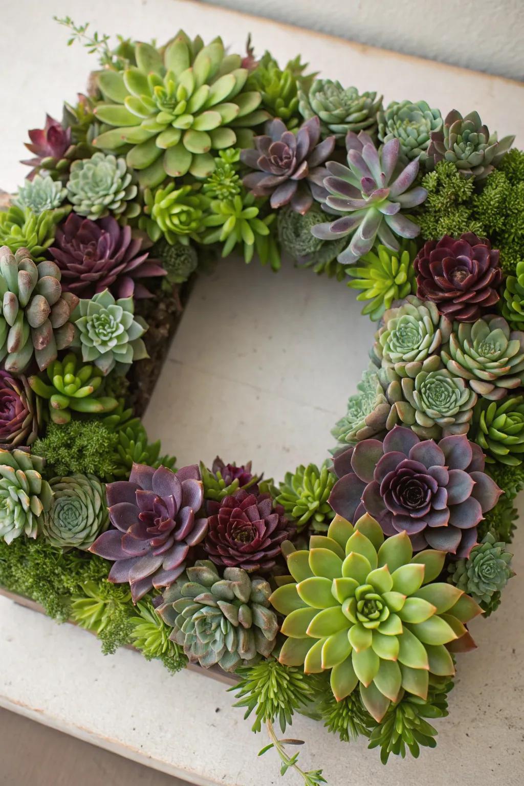 Succulent square wreaths offer a modern and low-maintenance decor option.