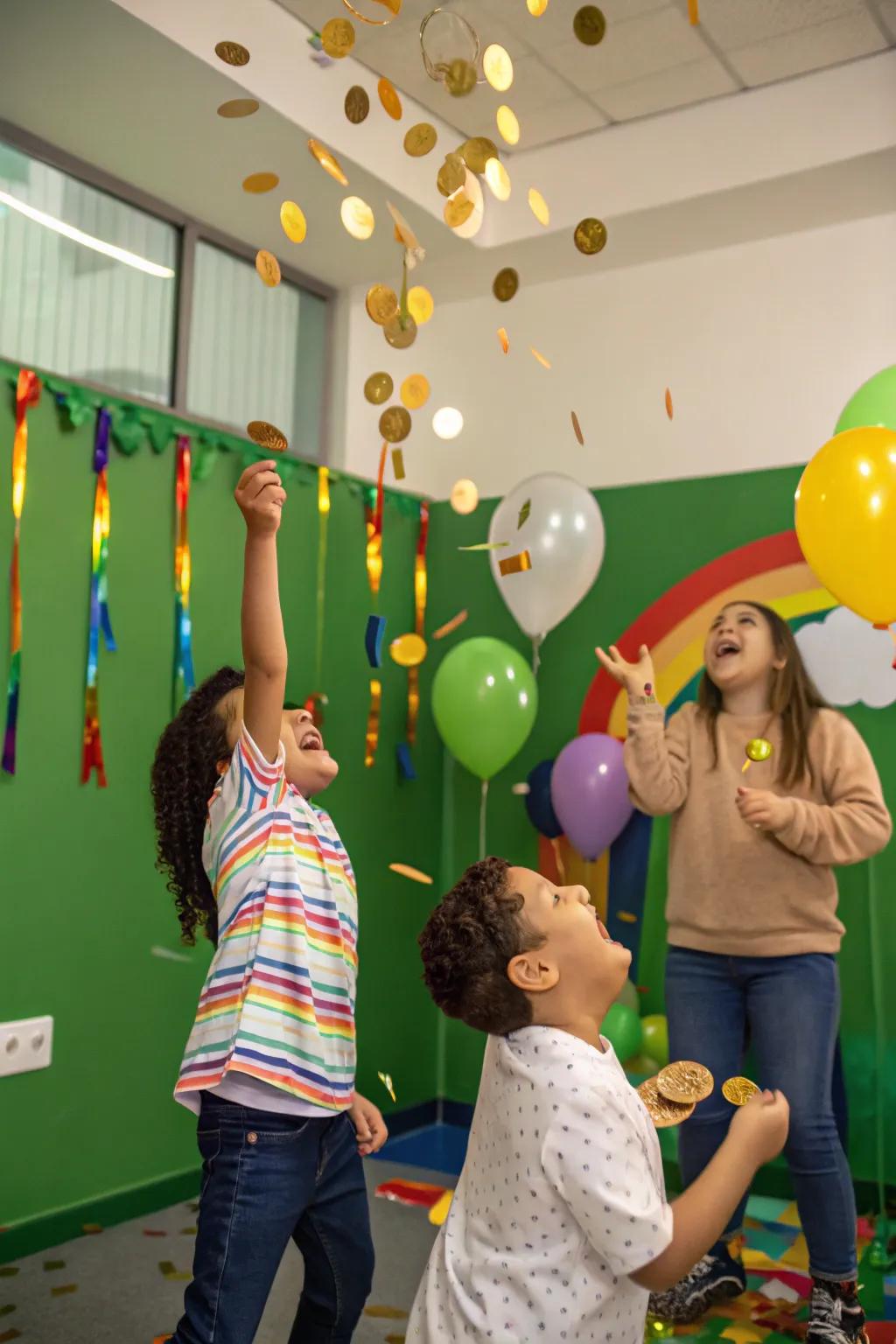 Children joyfully flinging auric disks in a St. Patrick's Day themed room.