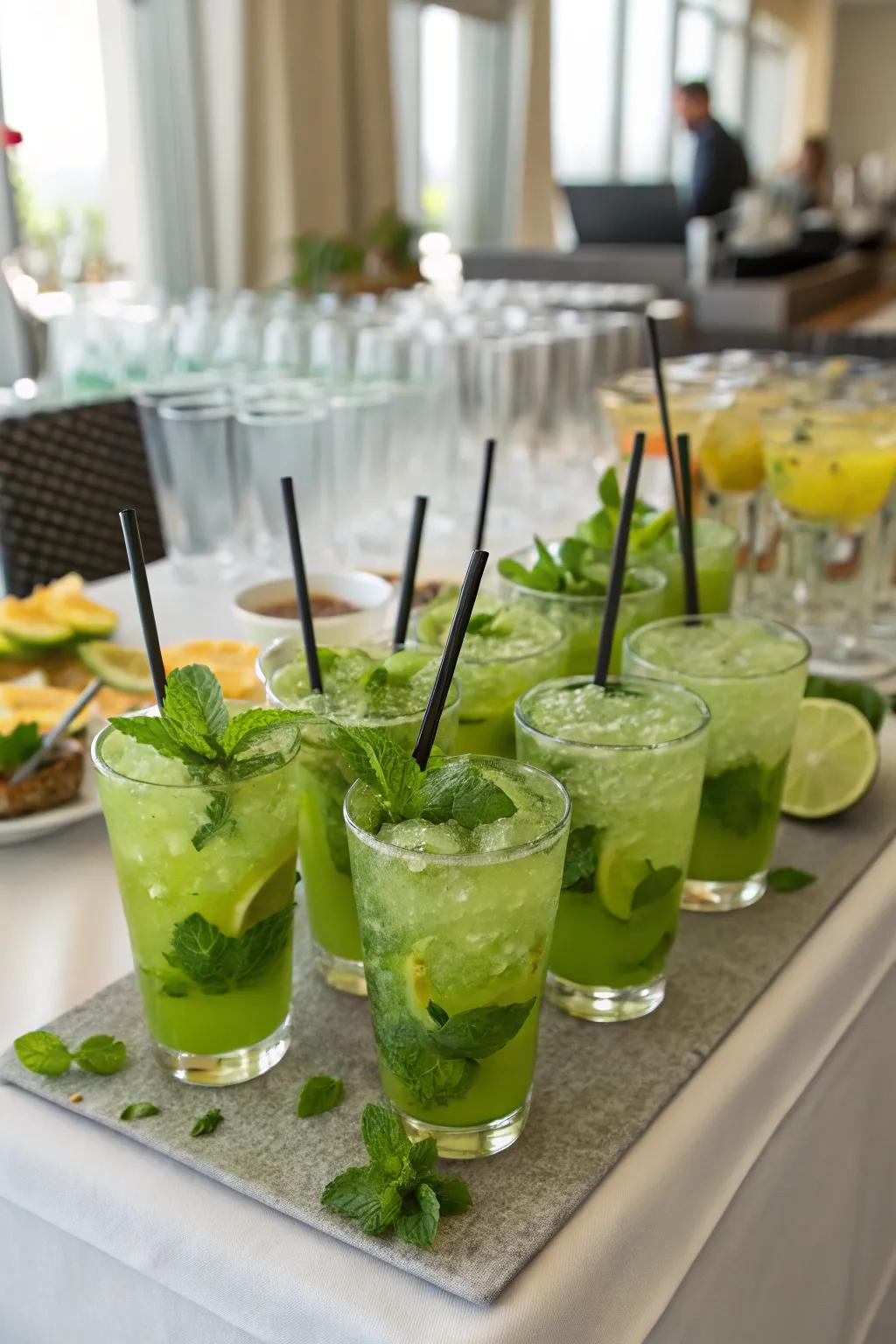 Maintain the party's momentum with delightful green cocktails that contribute an energetic splash of color.