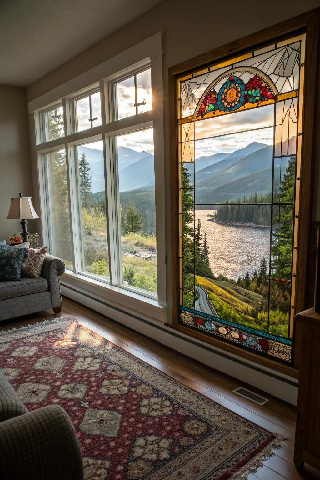 A scenic stained glass landscape brings a serene ambiance into your living space.