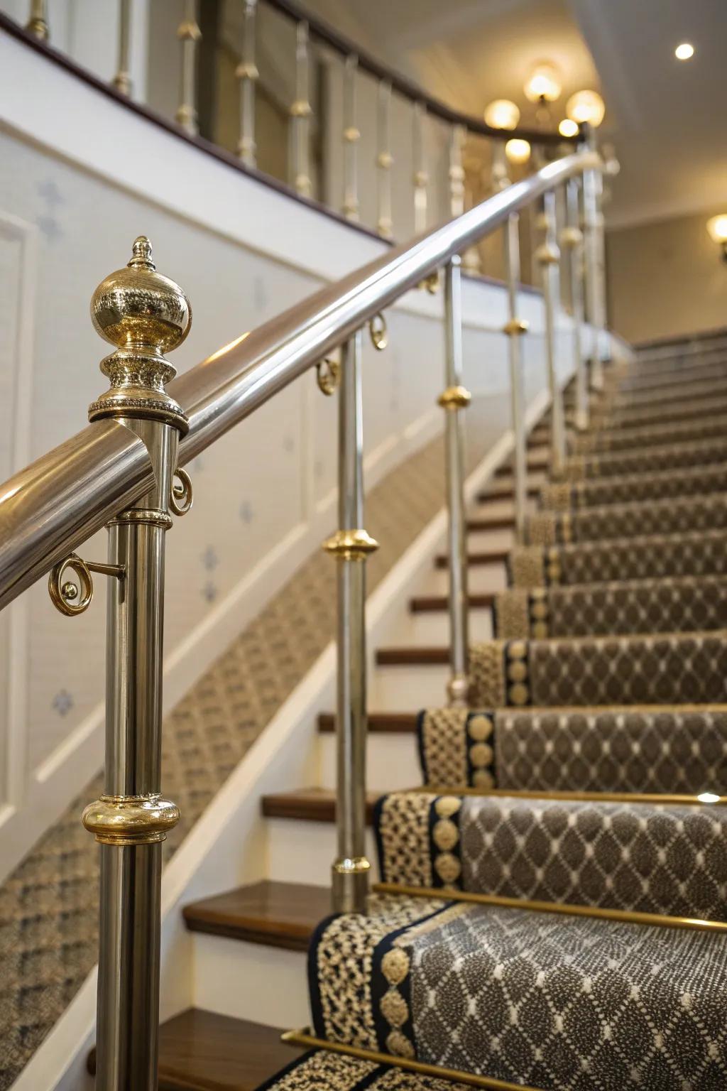 Metallic stair fasteners add elegance and effectively secure the carpet runner.