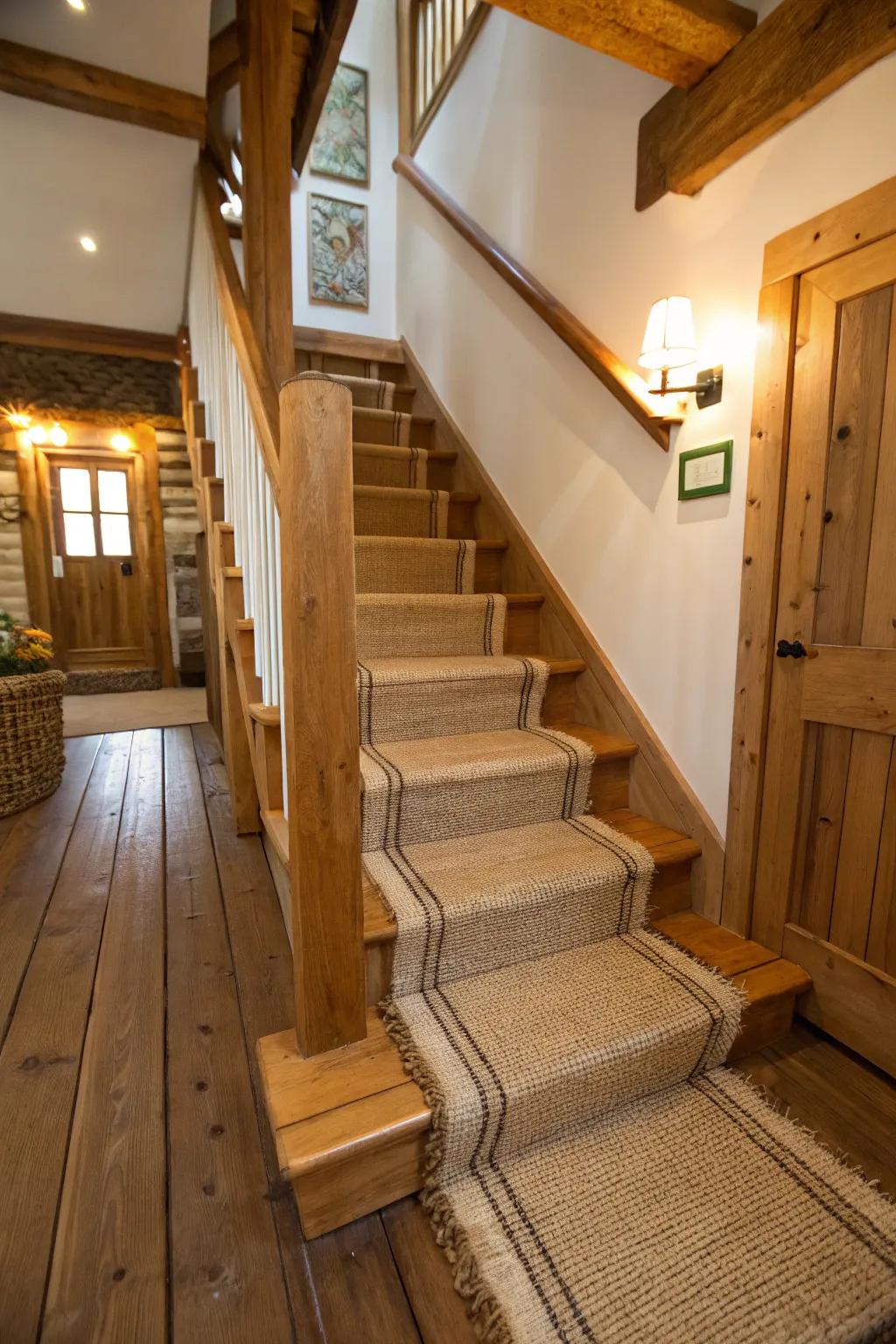 Natural fibers like jute bring warmth and texture to your stairs.