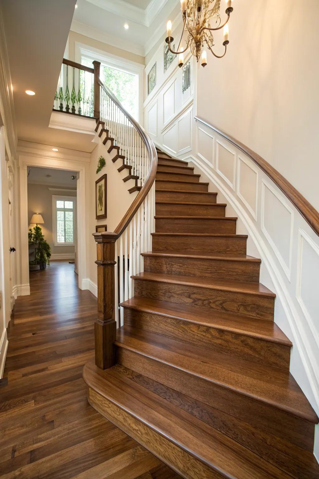 Cozy timber steps unite refinement with natural appeal.