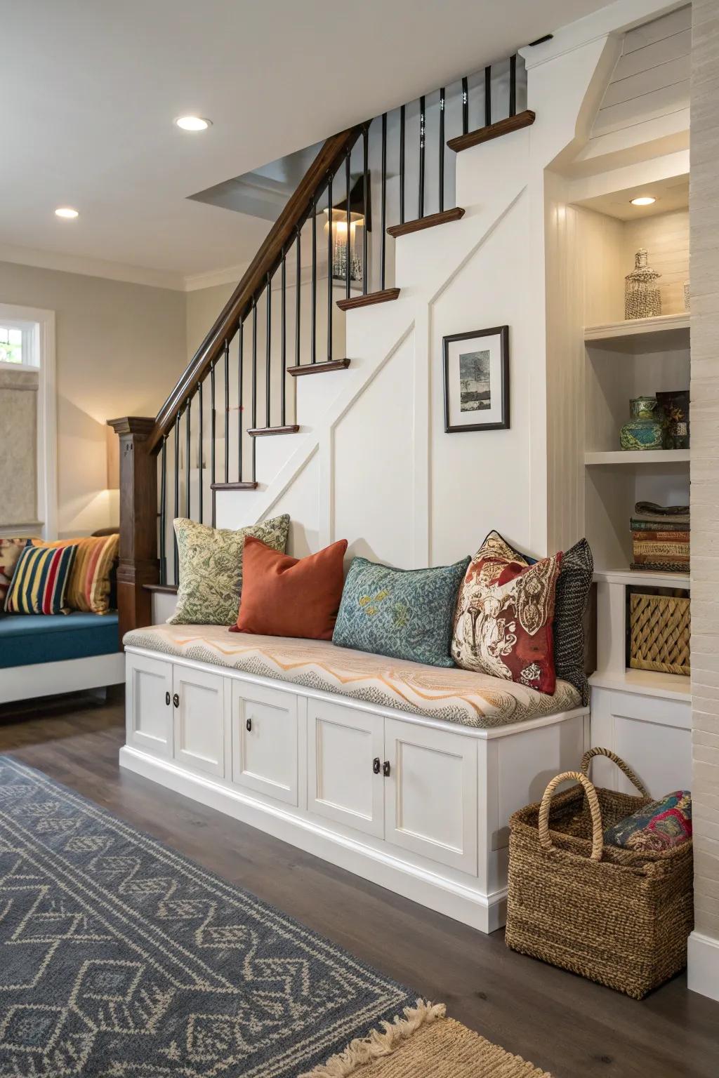 Unite comfort and practicality with a seating bench that includes concealed storage.