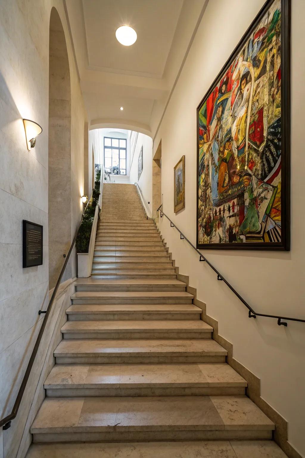An eye-catching art selection can transform your staircase into a gallery-like experience.