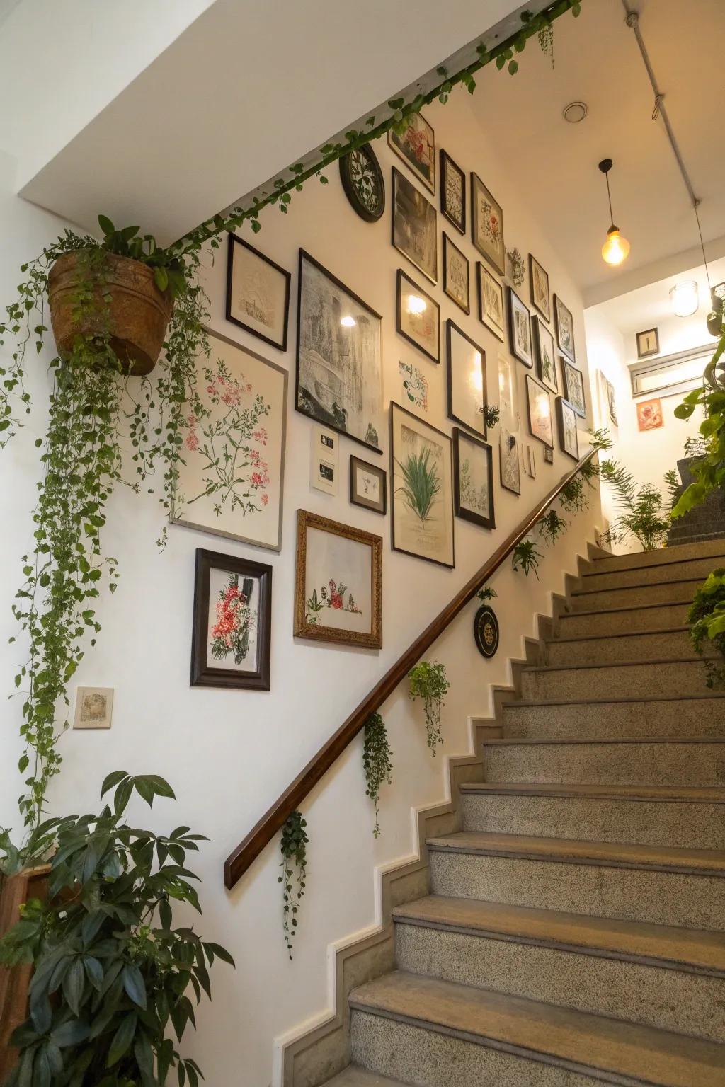 Compact hanging plants inject a lively element into the stairway gallery arrangement.